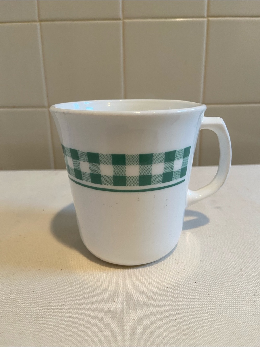 🌺 Corning Ware White Ceramic Cup with Green Gingham Check Print